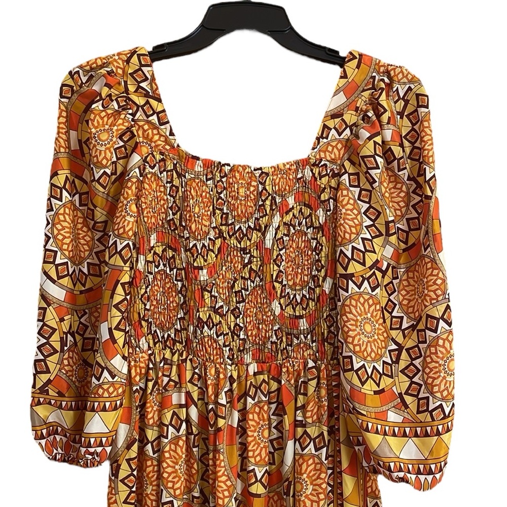 Me 2 Magic Anthropologie Yellow/Orange Sun Medallion 
Tiered Dress Size Small - Picture 3 of 9